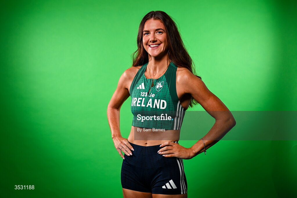 5 August 2026; Arlene Crossan poses for a portrait during an Athletics Ireland European Championships kit day and media at the Sport Ireland Institute in Dublin. Photo by Sam Barnes/Sportsfile