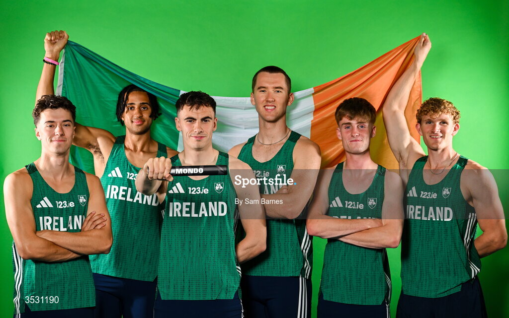 5 August 2026; The men's 4x400m relay team, from left, Darragh Murphy, Sean Doggett, Ciarán Carthy, Jack Raftery, Joe Doody and Andrew Egan pose for a portrait during an Athletics Ireland European Championships kit day and media at the Sport Ireland Institute in Dublin. Photo by Sam Barnes/Sportsfile