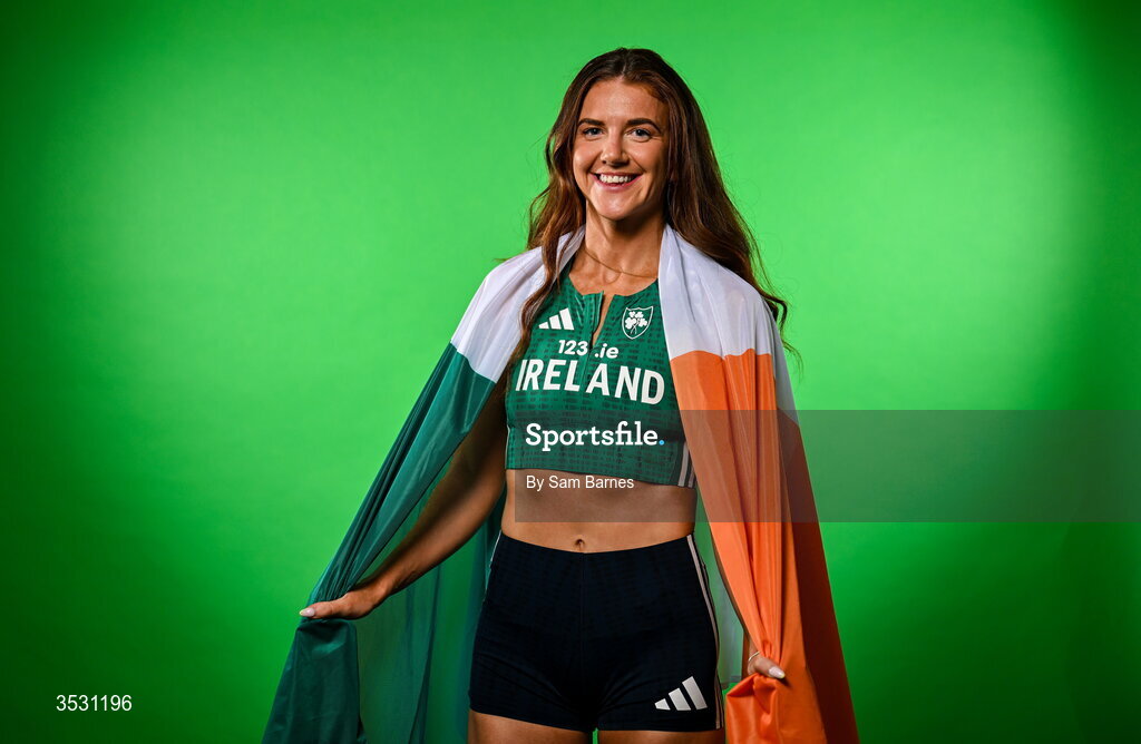 5 August 2026; Arlene Crossan poses for a portrait during an Athletics Ireland European Championships kit day and media at the Sport Ireland Institute in Dublin. Photo by Sam Barnes/Sportsfile
