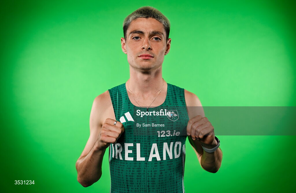 5 August 2026; Darragh McElhinney poses for a portrait during an Athletics Ireland European Championships kit day and media at the Sport Ireland Institute in Dublin. Photo by Sam Barnes/Sportsfile