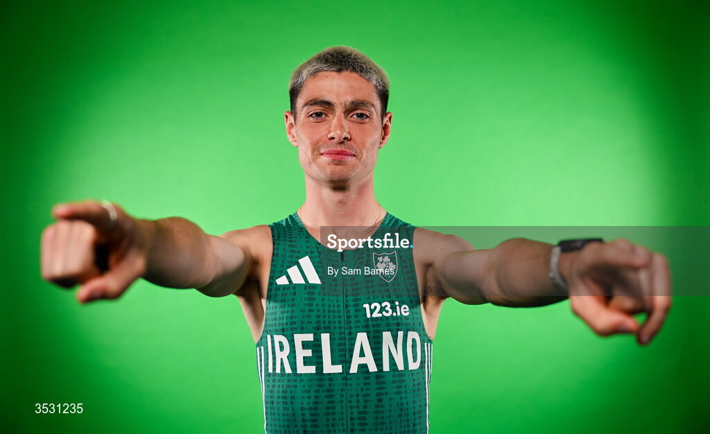 5 August 2026; Darragh McElhinney poses for a portrait during an Athletics Ireland European Championships kit day and media at the Sport Ireland Institute in Dublin. Photo by Sam Barnes/Sportsfile