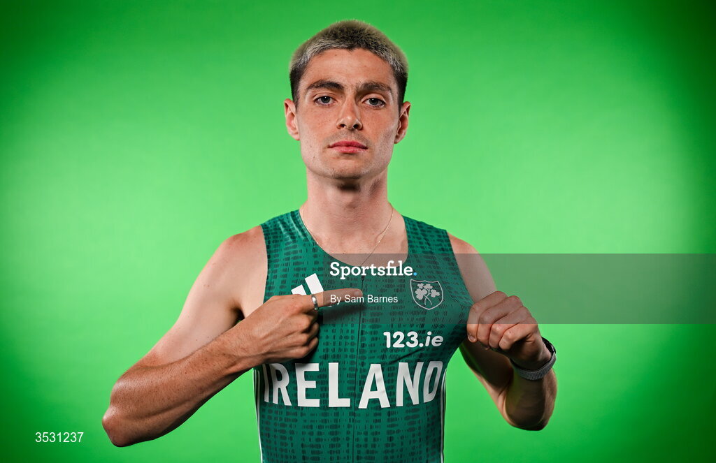 5 August 2026; Darragh McElhinney poses for a portrait during an Athletics Ireland European Championships kit day and media at the Sport Ireland Institute in Dublin. Photo by Sam Barnes/Sportsfile