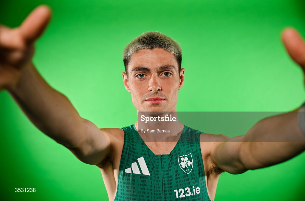 5 August 2026; Darragh McElhinney poses for a portrait during an Athletics Ireland European Championships kit day and media at the Sport Ireland Institute in Dublin. Photo by Sam Barnes/Sportsfile
