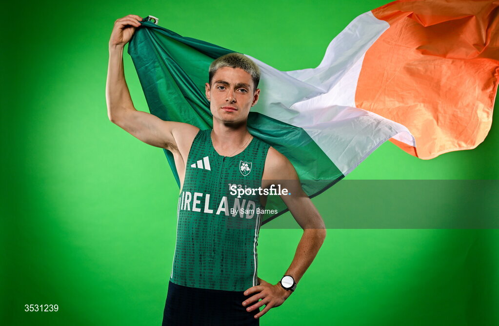 5 August 2026; Darragh McElhinney poses for a portrait during an Athletics Ireland European Championships kit day and media at the Sport Ireland Institute in Dublin. Photo by Sam Barnes/Sportsfile