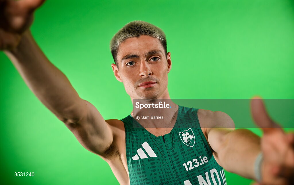 5 August 2026; Darragh McElhinney poses for a portrait during an Athletics Ireland European Championships kit day and media at the Sport Ireland Institute in Dublin. Photo by Sam Barnes/Sportsfile