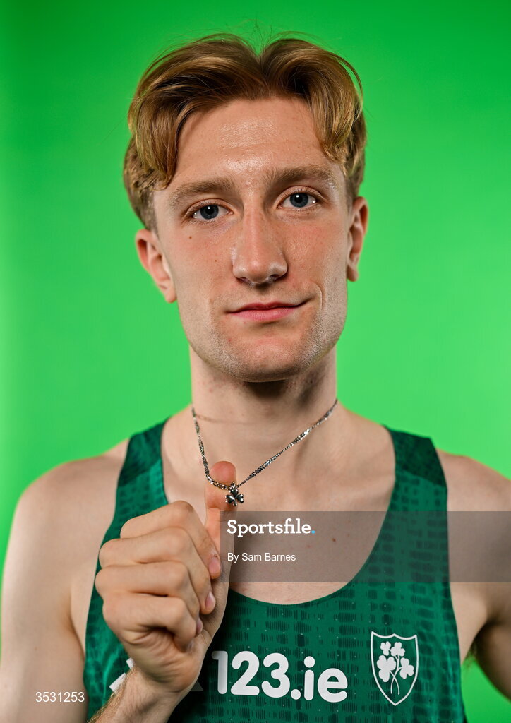 5 August 2026; Nick Griggs poses for a portrait during an Athletics Ireland European Championships kit day and media at the Sport Ireland Institute in Dublin. Photo by Sam Barnes/Sportsfile