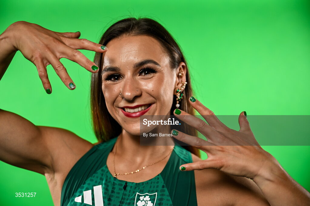 5 August 2026; Sarah Leahy poses for a portrait during an Athletics Ireland European Championships kit day and media at the Sport Ireland Institute in Dublin. Photo by Sam Barnes/Sportsfile