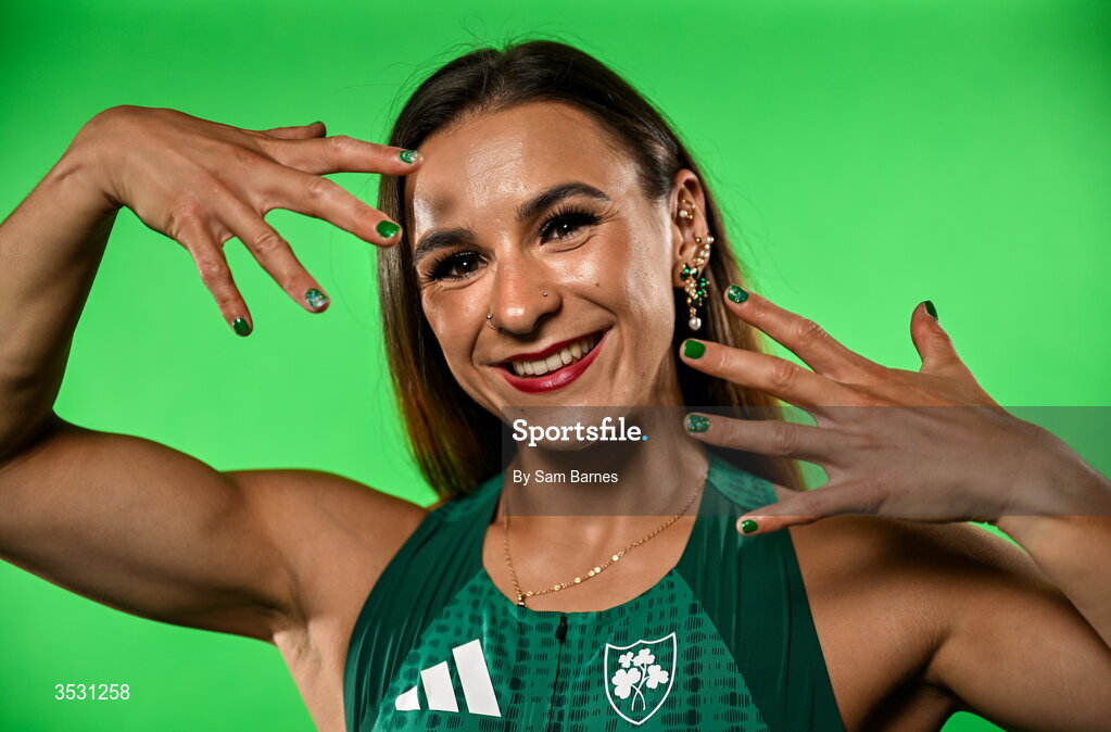 5 August 2026; Sarah Leahy poses for a portrait during an Athletics Ireland European Championships kit day and media at the Sport Ireland Institute in Dublin. Photo by Sam Barnes/Sportsfile