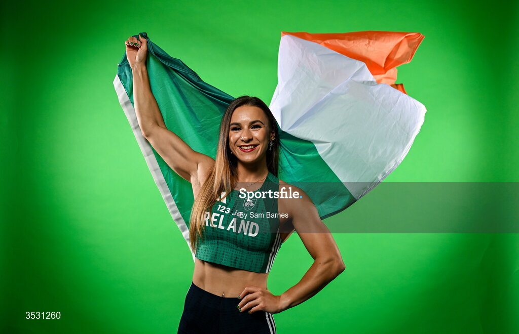 5 August 2026; Sarah Leahy poses for a portrait during an Athletics Ireland European Championships kit day and media at the Sport Ireland Institute in Dublin. Photo by Sam Barnes/Sportsfile