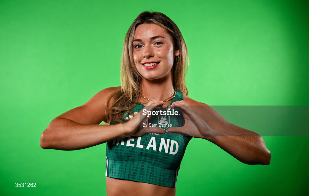 5 August 2026; Lucy-May Sleeman poses for a portrait during an Athletics Ireland European Championships kit day and media at the Sport Ireland Institute in Dublin. Photo by Sam Barnes/Sportsfile