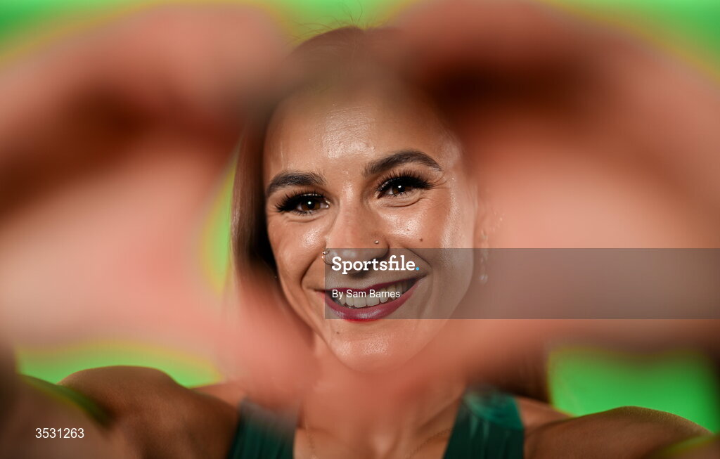 5 August 2026; Sarah Leahy poses for a portrait during an Athletics Ireland European Championships kit day and media at the Sport Ireland Institute in Dublin. Photo by Sam Barnes/Sportsfile