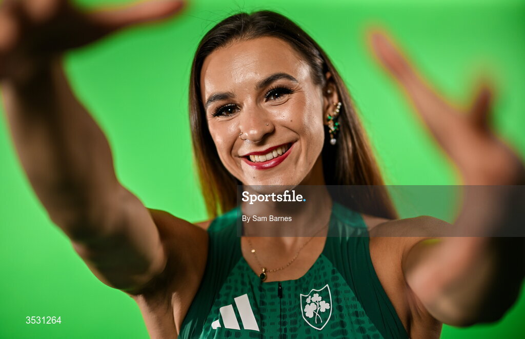 5 August 2026; Sarah Leahy poses for a portrait during an Athletics Ireland European Championships kit day and media at the Sport Ireland Institute in Dublin. Photo by Sam Barnes/Sportsfile