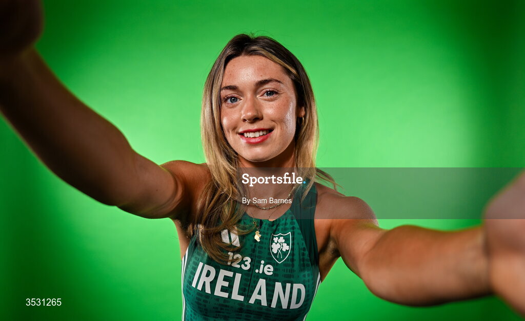 5 August 2026; Lucy-May Sleeman poses for a portrait during an Athletics Ireland European Championships kit day and media at the Sport Ireland Institute in Dublin. Photo by Sam Barnes/Sportsfile