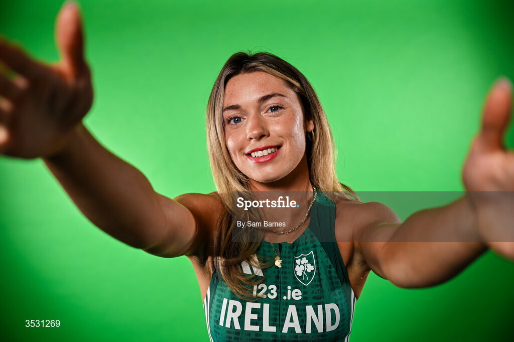 5 August 2026; Lucy-May Sleeman poses for a portrait during an Athletics Ireland European Championships kit day and media at the Sport Ireland Institute in Dublin. Photo by Sam Barnes/Sportsfile