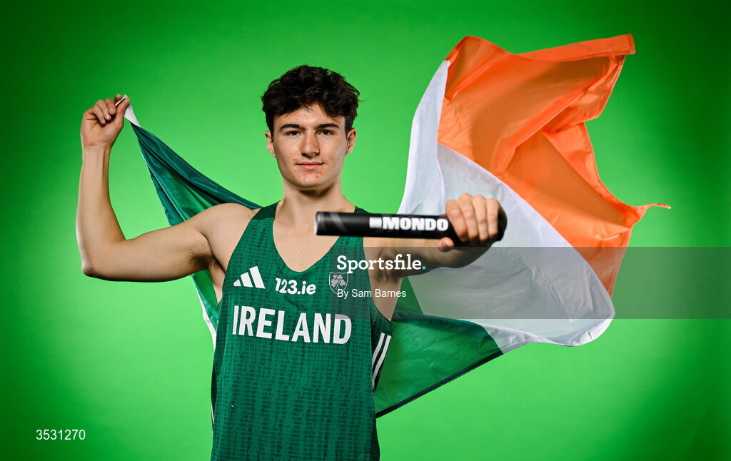 5 August 2026; Lucas Fadden poses for a portrait during an Athletics Ireland European Championships kit day and media at the Sport Ireland Institute in Dublin. Photo by Sam Barnes/Sportsfile