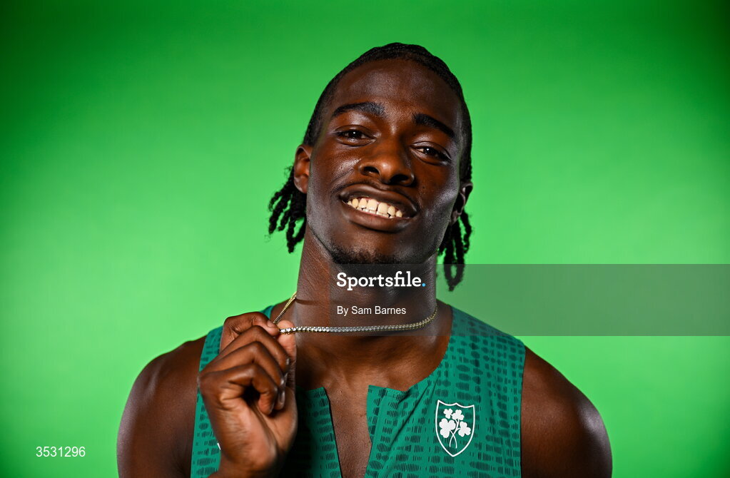 5 August 2026; Sean Aigboboh poses for a portrait during an Athletics Ireland European Championships kit day and media at the Sport Ireland Institute in Dublin. Photo by Sam Barnes/Sportsfile