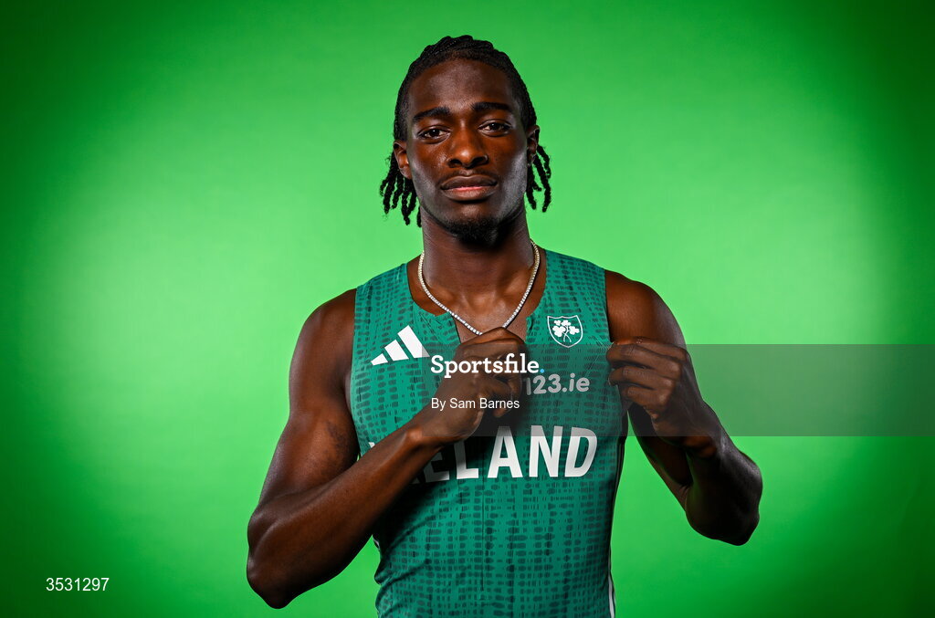 5 August 2026; Sean Aigboboh poses for a portrait during an Athletics Ireland European Championships kit day and media at the Sport Ireland Institute in Dublin. Photo by Sam Barnes/Sportsfile