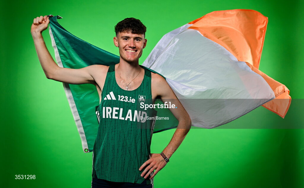 5 August 2026; David McGlynn poses for a portrait during an Athletics Ireland European Championships kit day and media at the Sport Ireland Institute in Dublin. Photo by Sam Barnes/Sportsfile