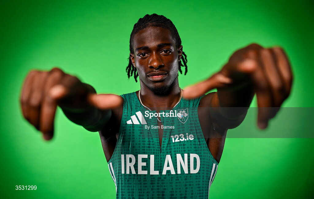 5 August 2026; Sean Aigboboh poses for a portrait during an Athletics Ireland European Championships kit day and media at the Sport Ireland Institute in Dublin. Photo by Sam Barnes/Sportsfile