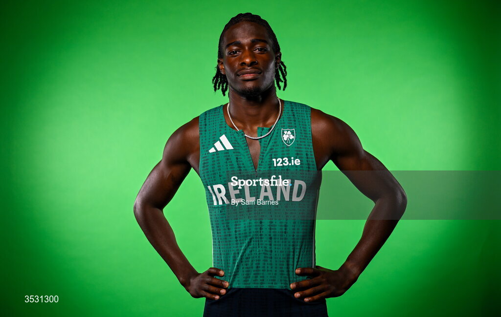 5 August 2026; Sean Aigboboh poses for a portrait during an Athletics Ireland European Championships kit day and media at the Sport Ireland Institute in Dublin. Photo by Sam Barnes/Sportsfile