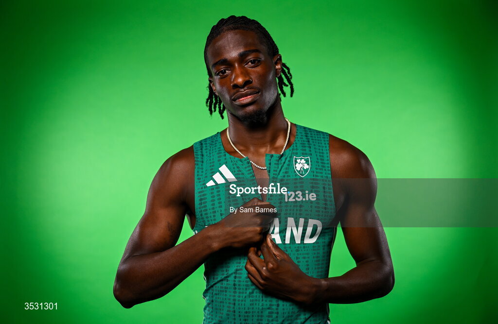5 August 2026; Sean Aigboboh poses for a portrait during an Athletics Ireland European Championships kit day and media at the Sport Ireland Institute in Dublin. Photo by Sam Barnes/Sportsfile