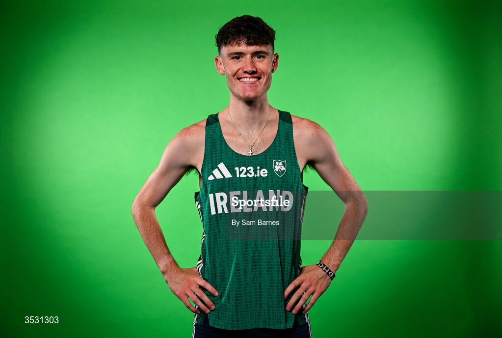 5 August 2026; David McGlynn poses for a portrait during an Athletics Ireland European Championships kit day and media at the Sport Ireland Institute in Dublin. Photo by Sam Barnes/Sportsfile