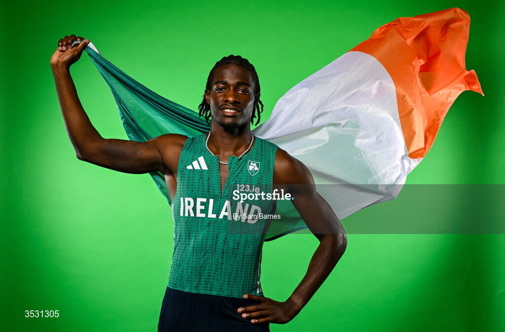 5 August 2026; Sean Aigboboh poses for a portrait during an Athletics Ireland European Championships kit day and media at the Sport Ireland Institute in Dublin. Photo by Sam Barnes/Sportsfile