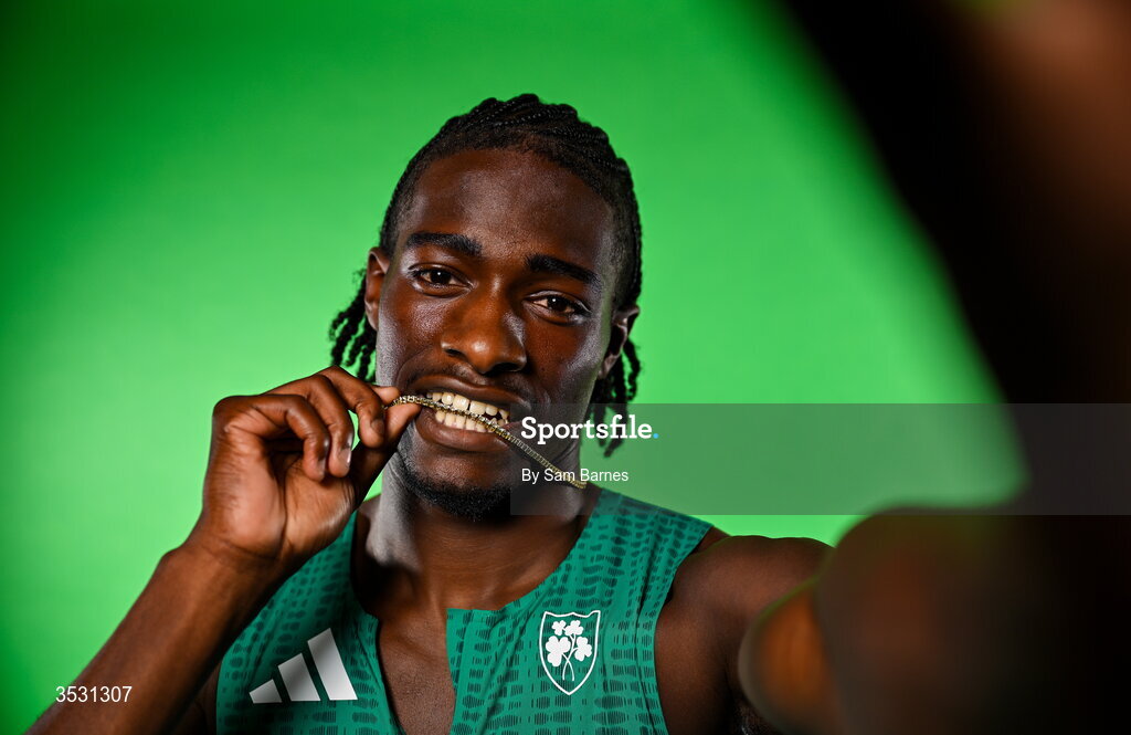 5 August 2026; Sean Aigboboh poses for a portrait during an Athletics Ireland European Championships kit day and media at the Sport Ireland Institute in Dublin. Photo by Sam Barnes/Sportsfile
