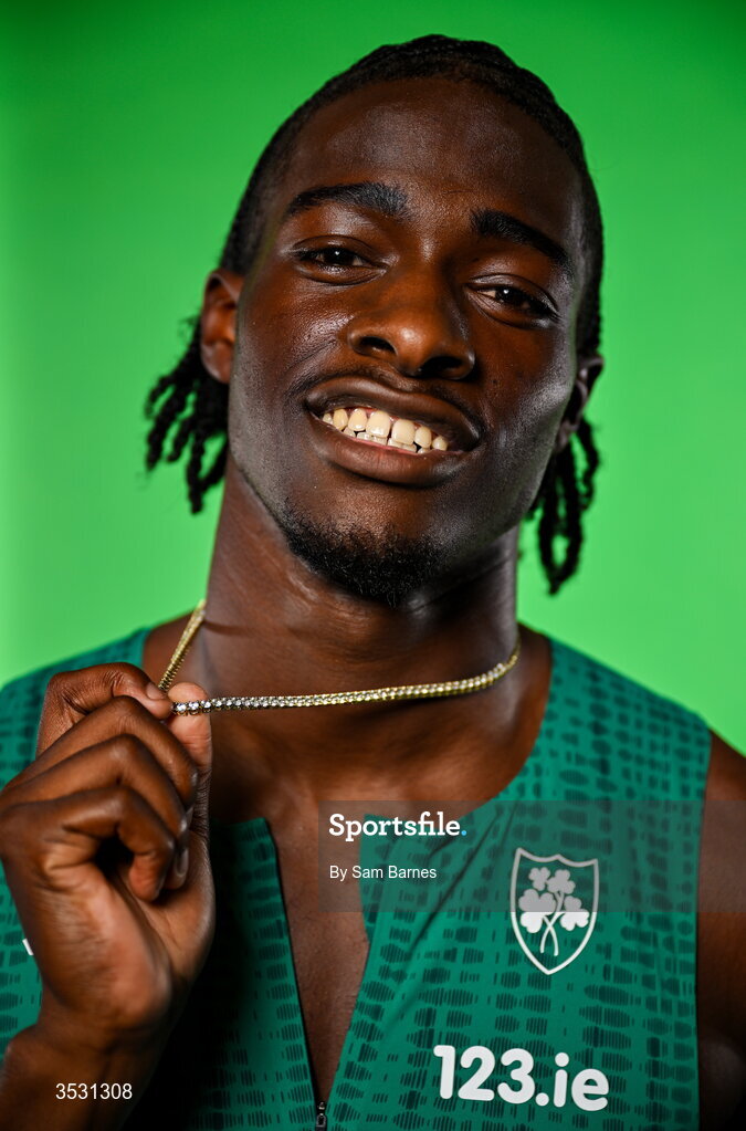 5 August 2026; Sean Aigboboh poses for a portrait during an Athletics Ireland European Championships kit day and media at the Sport Ireland Institute in Dublin. Photo by Sam Barnes/Sportsfile