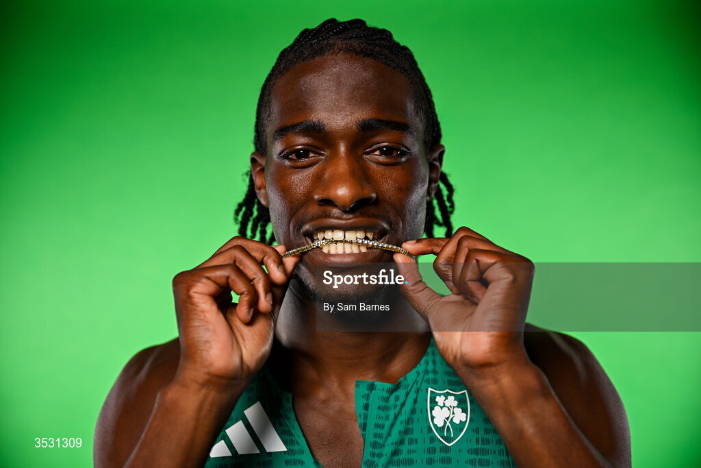 5 August 2026; Sean Aigboboh poses for a portrait during an Athletics Ireland European Championships kit day and media at the Sport Ireland Institute in Dublin. Photo by Sam Barnes/Sportsfile