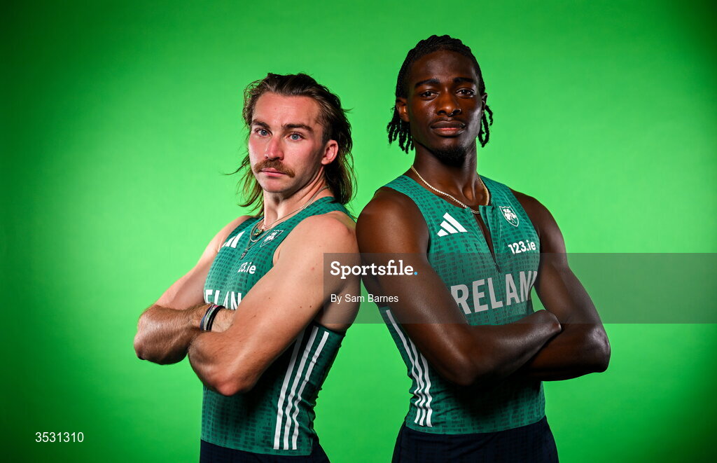 5 August 2026; Ryan Mulholland, left, and Sean Aigboboh pose for a portrait during an Athletics Ireland European Championships kit day and media at the Sport Ireland Institute in Dublin. Photo by Sam Barnes/Sportsfile