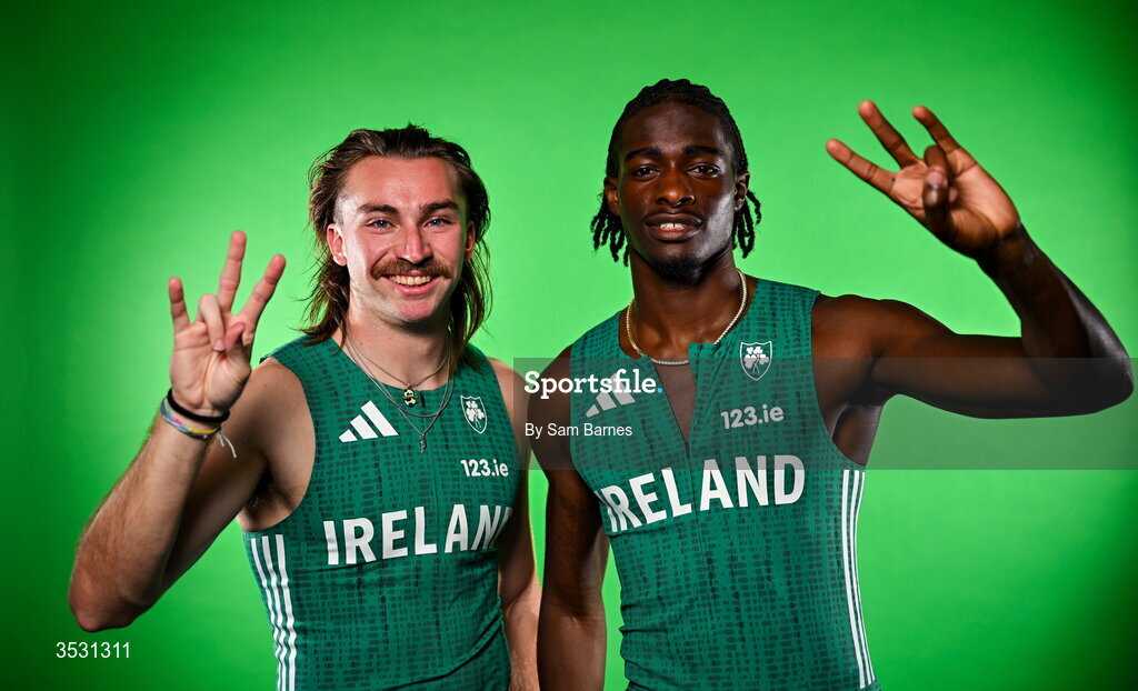 5 August 2026; Ryan Mulholland, left, and Sean Aigboboh pose for a portrait during an Athletics Ireland European Championships kit day and media at the Sport Ireland Institute in Dublin. Photo by Sam Barnes/Sportsfile