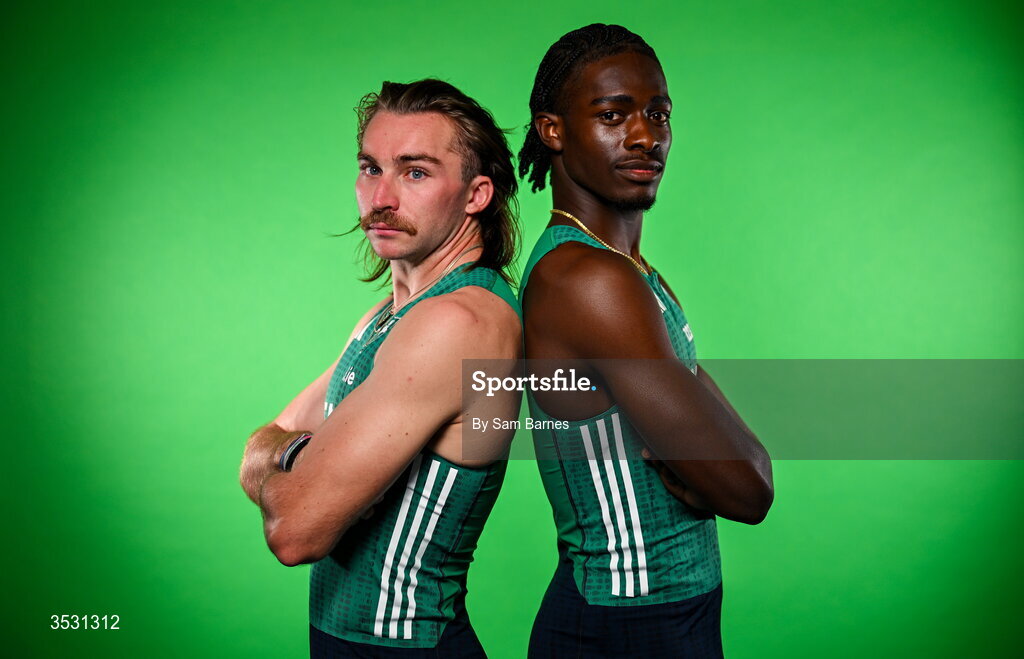 5 August 2026; Ryan Mulholland, left, and Sean Aigboboh pose for a portrait during an Athletics Ireland European Championships kit day and media at the Sport Ireland Institute in Dublin. Photo by Sam Barnes/Sportsfile