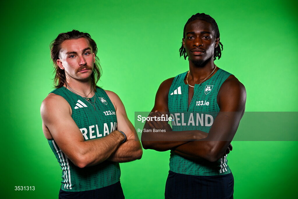 5 August 2026; Ryan Mulholland, left, and Sean Aigboboh pose for a portrait during an Athletics Ireland European Championships kit day and media at the Sport Ireland Institute in Dublin. Photo by Sam Barnes/Sportsfile