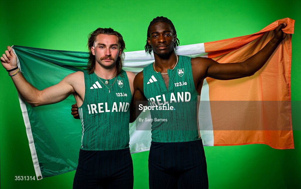 5 August 2026; Ryan Mulholland, left, and Sean Aigboboh pose for a portrait during an Athletics Ireland European Championships kit day and media at the Sport Ireland Institute in Dublin. Photo by Sam Barnes/Sportsfile