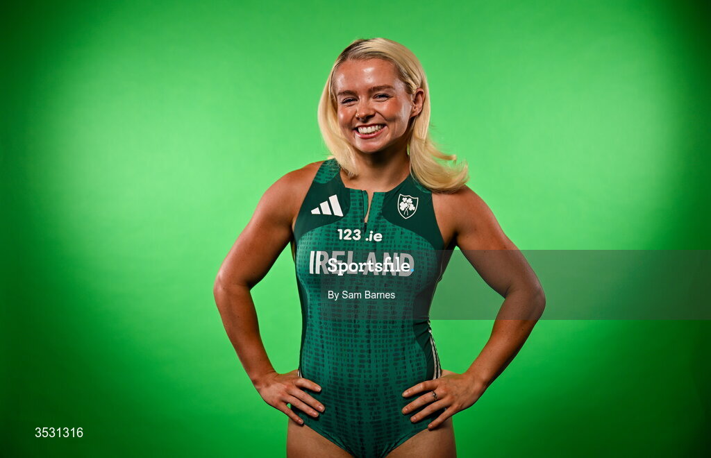 5 August 2026; Molly Scott poses for a portrait during an Athletics Ireland European Championships kit day and media at the Sport Ireland Institute in Dublin. Photo by Sam Barnes/Sportsfile