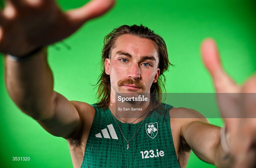 5 August 2026; Ryan Mulholland poses for a portrait during an Athletics Ireland European Championships kit day and media at the Sport Ireland Institute in Dublin. Photo by Sam Barnes/Sportsfile