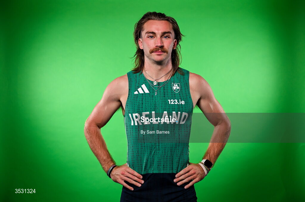 5 August 2026; Ryan Mulholland poses for a portrait during an Athletics Ireland European Championships kit day and media at the Sport Ireland Institute in Dublin. Photo by Sam Barnes/Sportsfile