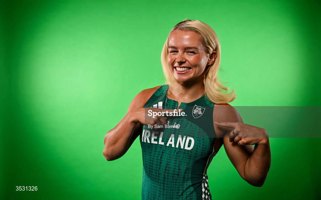 5 August 2026; Molly Scott poses for a portrait during an Athletics Ireland European Championships kit day and media at the Sport Ireland Institute in Dublin. Photo by Sam Barnes/Sportsfile
