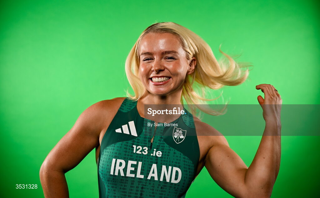 5 August 2026; Molly Scott poses for a portrait during an Athletics Ireland European Championships kit day and media at the Sport Ireland Institute in Dublin. Photo by Sam Barnes/Sportsfile