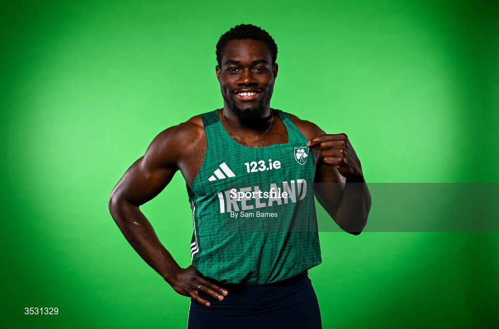 5 August 2026; Bori Akinola poses for a portrait during an Athletics Ireland European Championships kit day and media at the Sport Ireland Institute in Dublin. Photo by Sam Barnes/Sportsfile