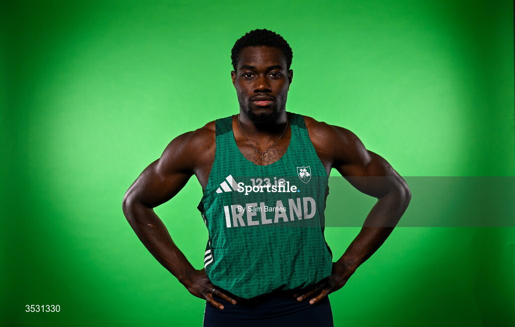5 August 2026; Bori Akinola poses for a portrait during an Athletics Ireland European Championships kit day and media at the Sport Ireland Institute in Dublin. Photo by Sam Barnes/Sportsfile