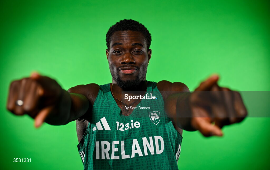5 August 2026; Bori Akinola poses for a portrait during an Athletics Ireland European Championships kit day and media at the Sport Ireland Institute in Dublin. Photo by Sam Barnes/Sportsfile