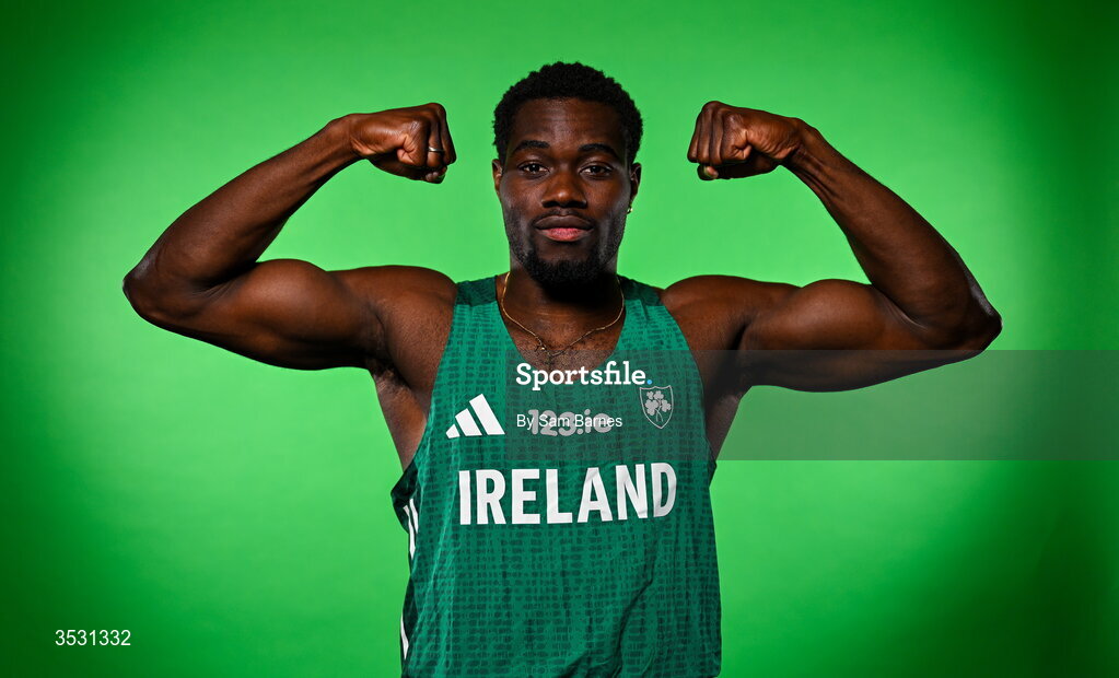 5 August 2026; Bori Akinola poses for a portrait during an Athletics Ireland European Championships kit day and media at the Sport Ireland Institute in Dublin. Photo by Sam Barnes/Sportsfile