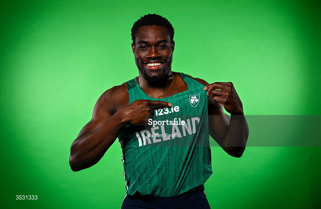 5 August 2026; Bori Akinola poses for a portrait during an Athletics Ireland European Championships kit day and media at the Sport Ireland Institute in Dublin. Photo by Sam Barnes/Sportsfile