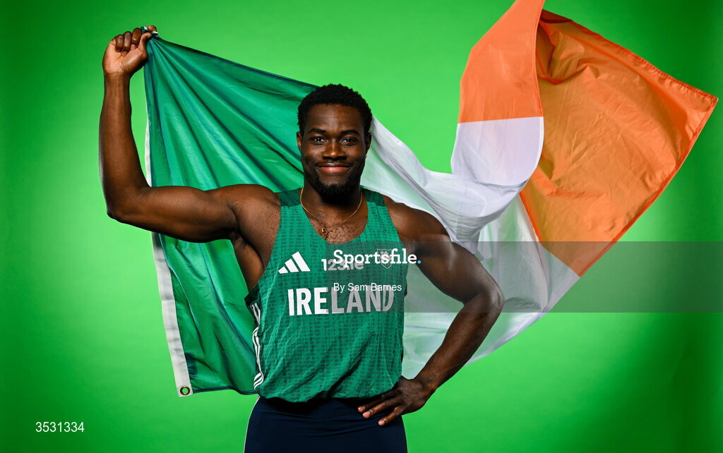 5 August 2026; Bori Akinola poses for a portrait during an Athletics Ireland European Championships kit day and media at the Sport Ireland Institute in Dublin. Photo by Sam Barnes/Sportsfile