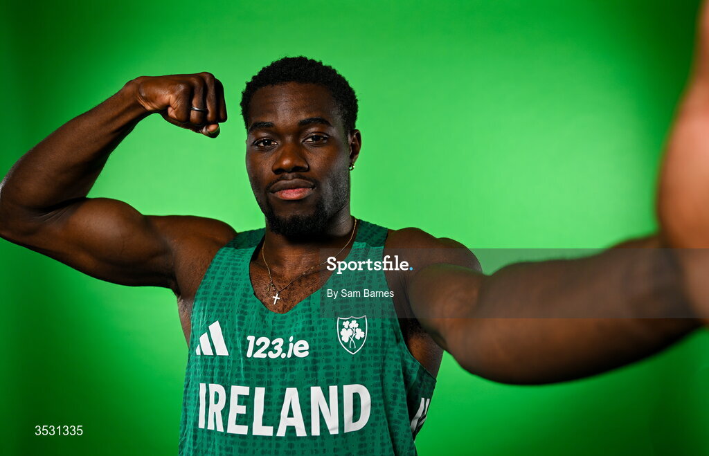 5 August 2026; Bori Akinola poses for a portrait during an Athletics Ireland European Championships kit day and media at the Sport Ireland Institute in Dublin. Photo by Sam Barnes/Sportsfile