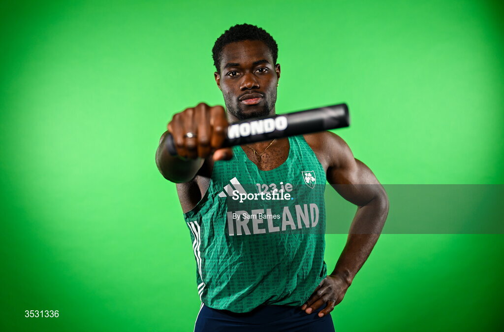 5 August 2026; Bori Akinola poses for a portrait during an Athletics Ireland European Championships kit day and media at the Sport Ireland Institute in Dublin. Photo by Sam Barnes/Sportsfile