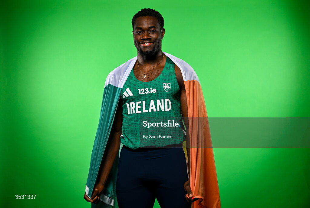 5 August 2026; Bori Akinola poses for a portrait during an Athletics Ireland European Championships kit day and media at the Sport Ireland Institute in Dublin. Photo by Sam Barnes/Sportsfile