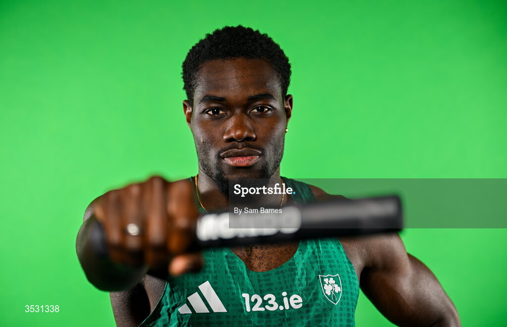 5 August 2026; Bori Akinola poses for a portrait during an Athletics Ireland European Championships kit day and media at the Sport Ireland Institute in Dublin. Photo by Sam Barnes/Sportsfile